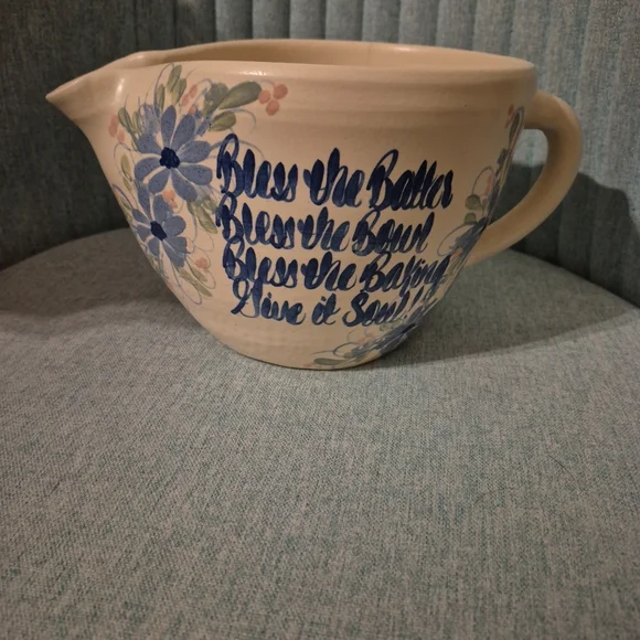 Floral Ceramic Batter Bowl with Blue Script. Paint Chip On Flower. - Picture 1 of 4
